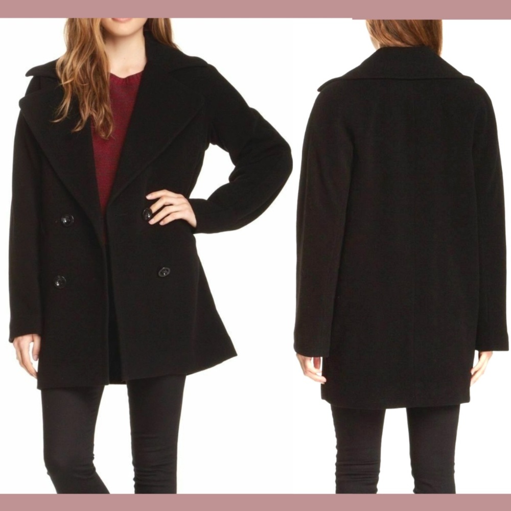 NEW Trina Turk [ 14 ] Wool Blend Double Breasted Pea Coat in‎ BLACK